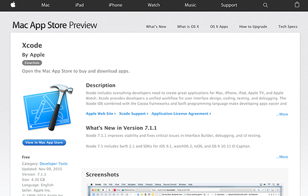 App Store「Xcode」ダウンロードページ