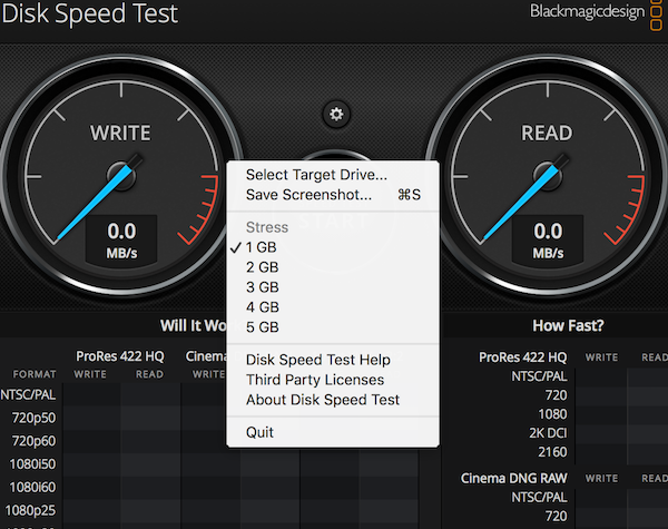 Blackmagic Disk Speed Test起動後の設定画面