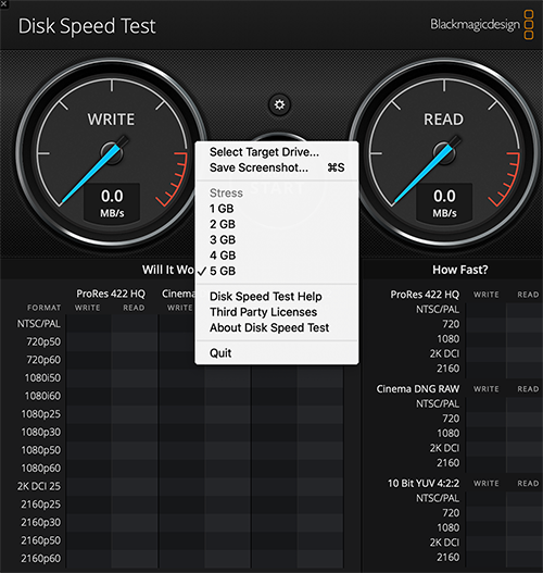 Blackmagic Disk Speed Test設定画面